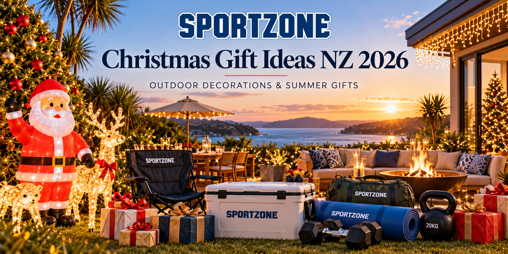 Christmas gift ideas NZ 2026 featuring SportZone outdoor Christmas decorations, festive lighting, inflatable Santa, summer gifts and outdoor living products.
