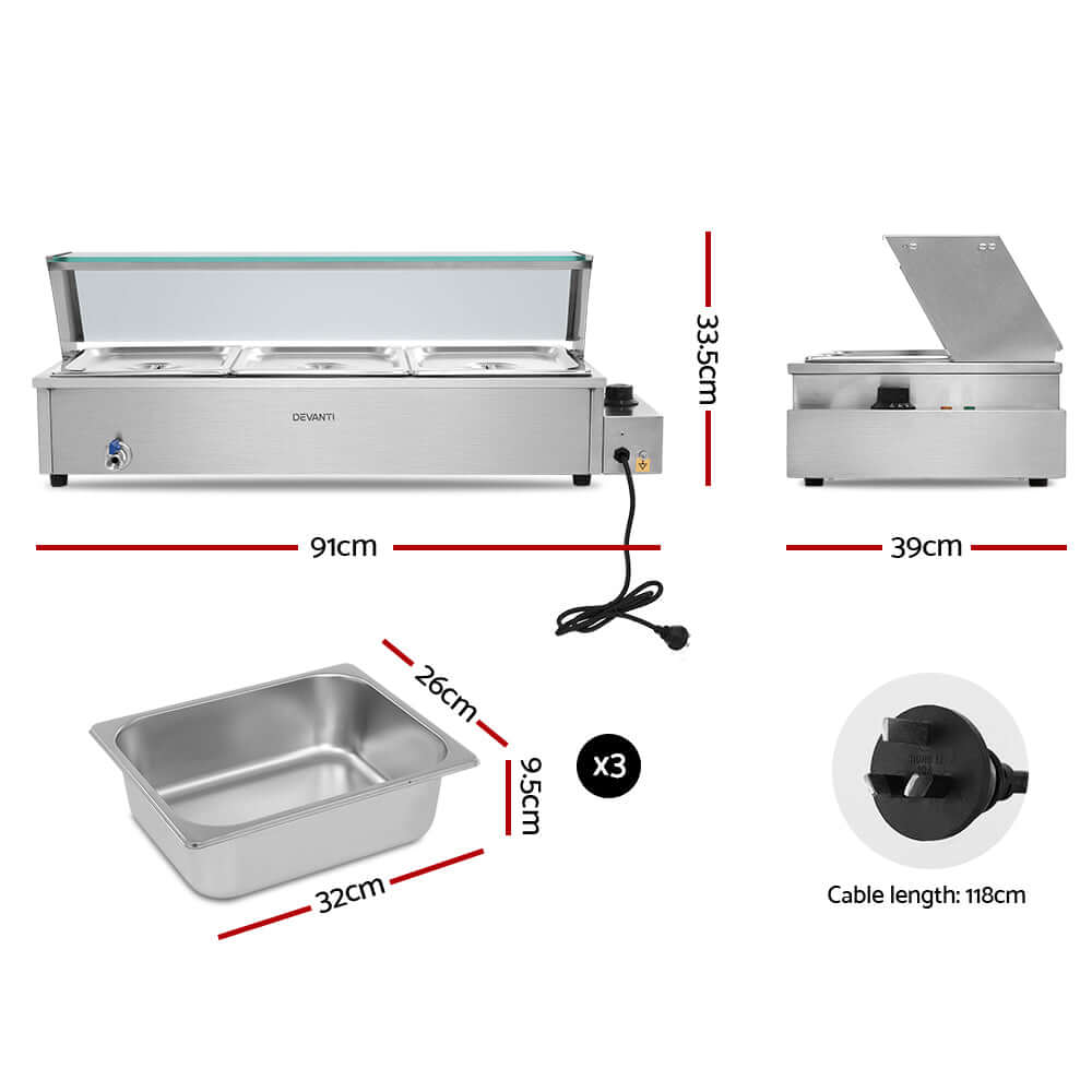Devanti Bain Marie 3 Pan Food Warmer – Commercial Use