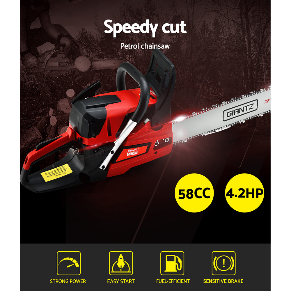 Giantz Chainsaw Petrol 58CC 22" Bar Commercial E-Start Pruning Chain Saw