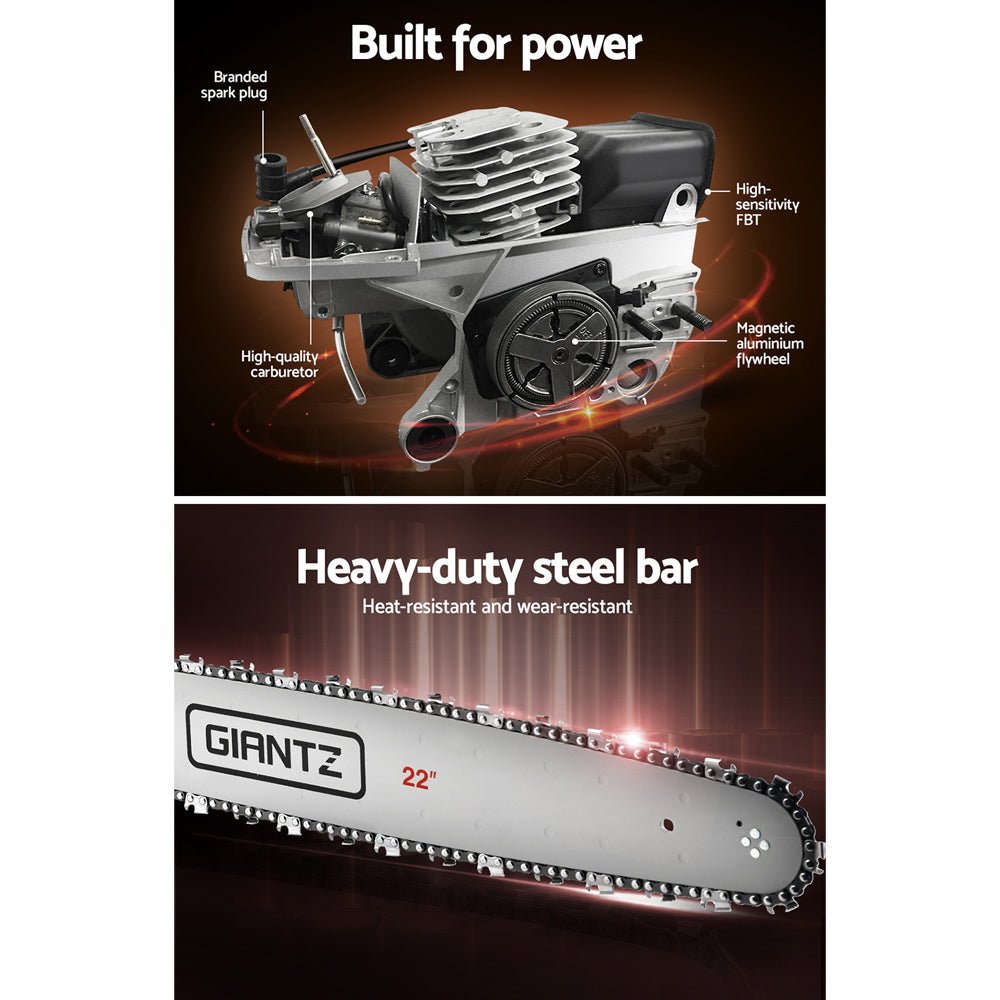 Giantz Chainsaw Petrol 58CC 22" Bar Commercial E-Start Pruning Chain Saw