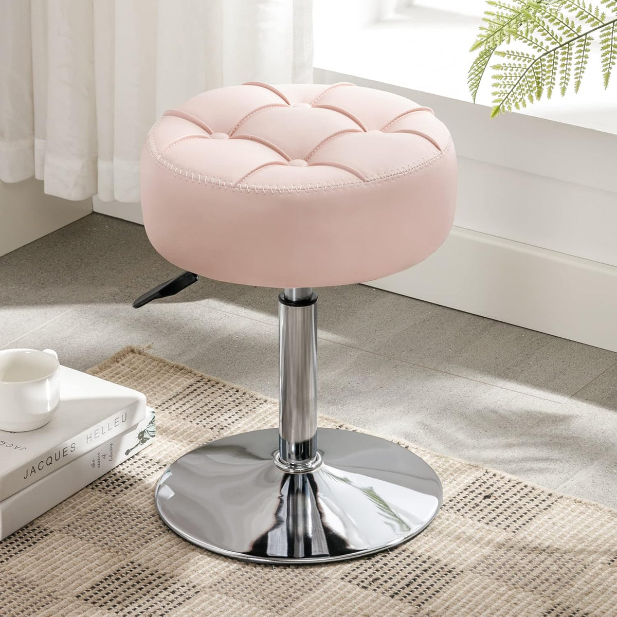 Adjustable Vanity Stool NZ – Pink Faux Leather Chair, 360° Swivel Makeup Stool, Height Adjustable Vanity Seat - SportZone.co.nz