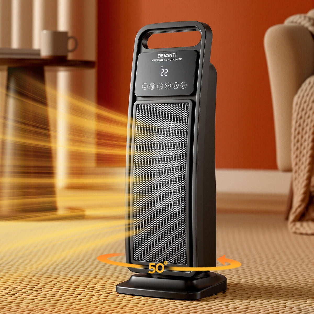 Devanti 2000W Ceramic Tower Heater Space Heaters Indoor Oscillating Black - SportZone.co.nz