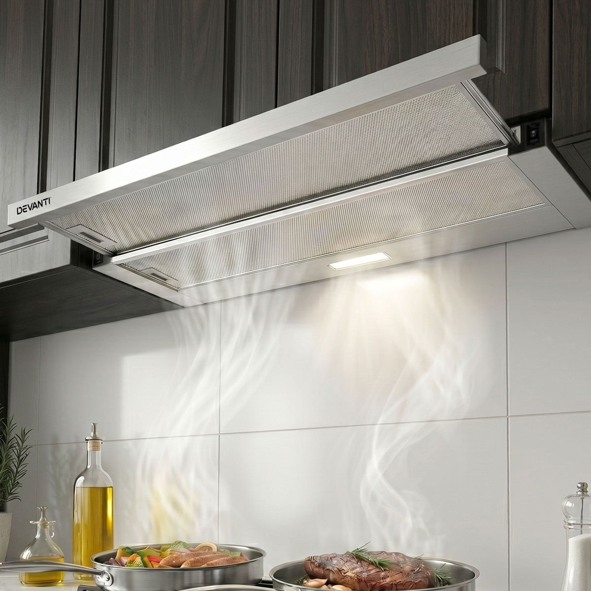 Devanti 900mm Range Hood 90cm Slide out Rangehood Stainless Steel - SportZone.co.nz