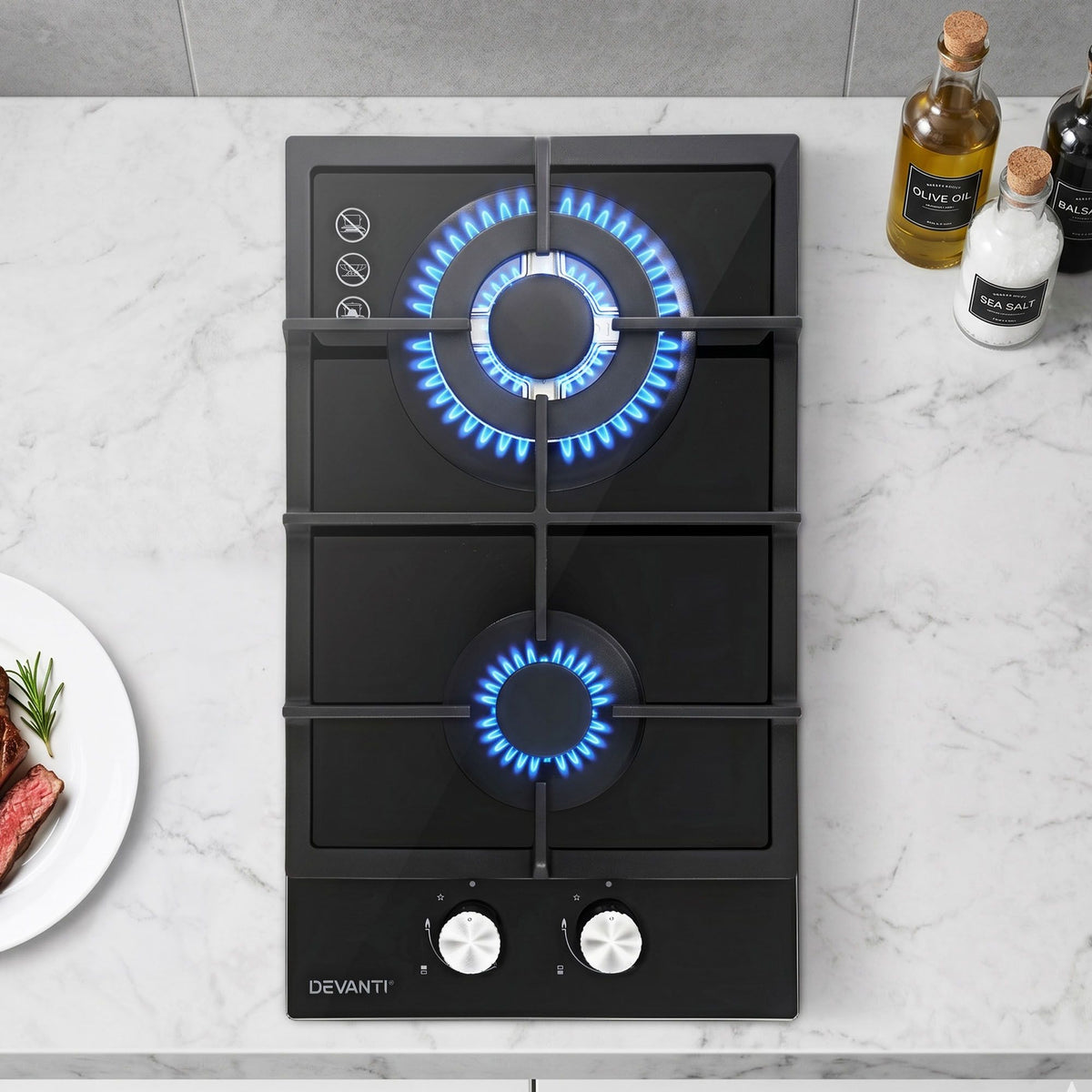 Devanti Gas Cooktop 30cm 2 Burner Built-in Stove Glass Cook Top NG LPG Wok Burner - SportZone.co.nz