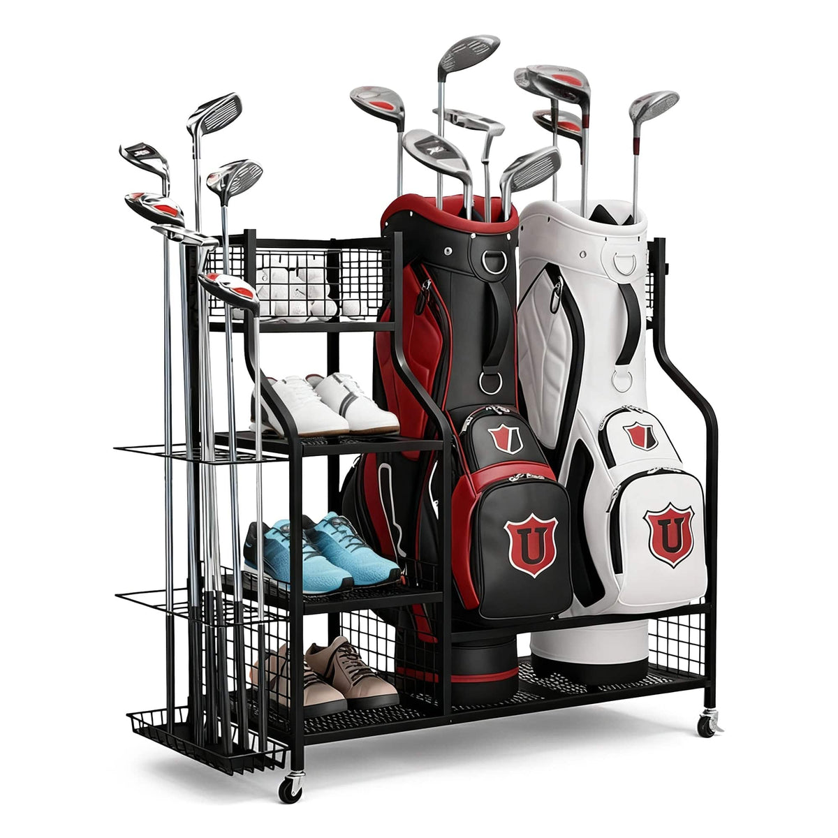 Everfit Golf Bag Storage Golf Storage Garage Organizer with Wheels Black - SportZone.co.nz