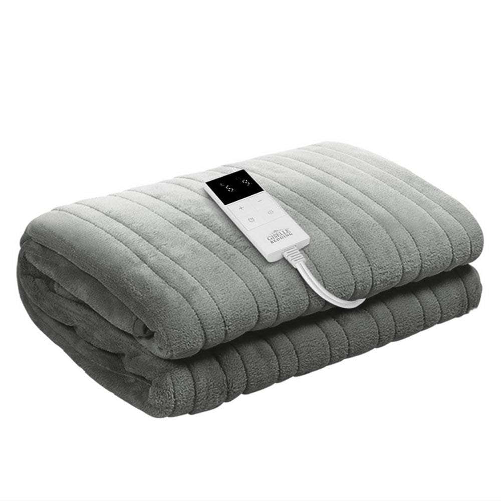Giselle Bedding Heated Electric Throw Rug Fleece Sunggle Blanket Washable Silver - SportZone.co.nz