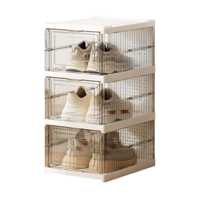 Transparent 3 - Layer Foldable Shoe Storage Tower with Transparent Display Panel & Back Ventilation - One - Pull Instant Setup Stackable Box (25.5x34.5x52.5CM) - SportZone.co.nz