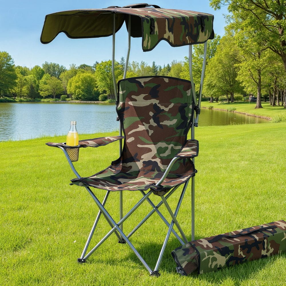 Weisshorn Camping Chair With Canopy Folding Outdoor Portable Seat Lightweight Beach Picnic Fishing Capacity 120KG Army Green - SportZone.co.nz