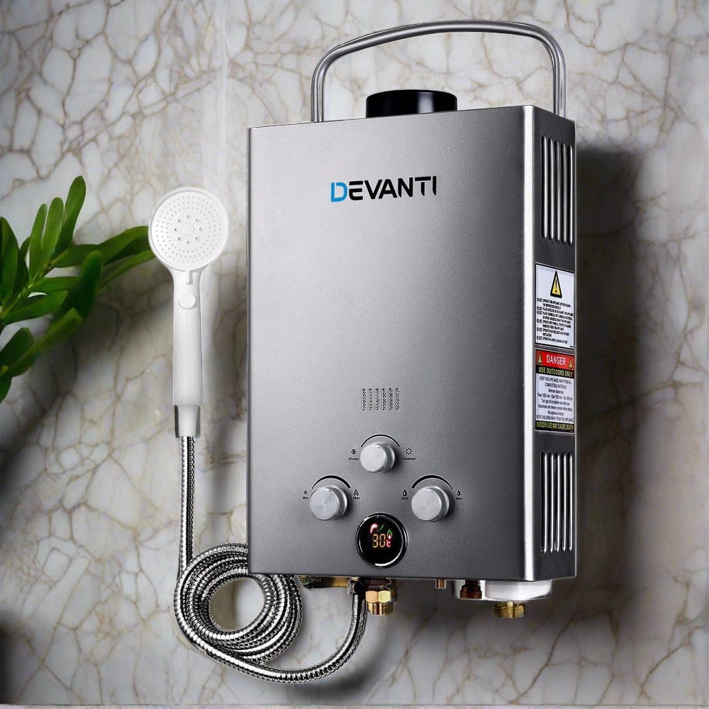 Devanti Portable Gas Water Heater 8L/Min With Pump LPG System Grey