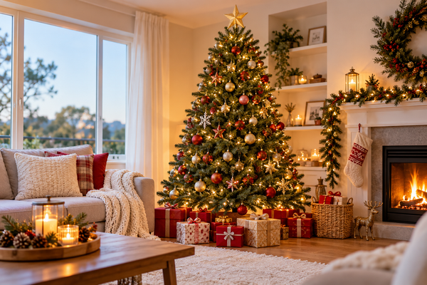 Decorated artificial Christmas tree in a cosy living room with warm lights and festive ornaments