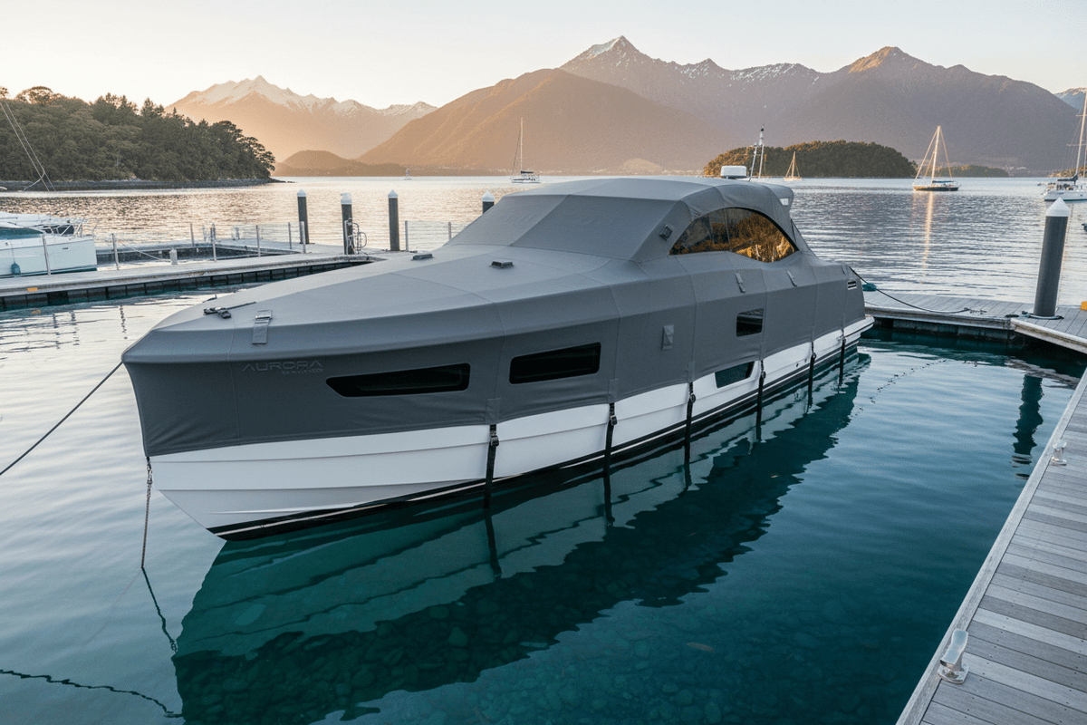 Boat on a trailer with a marine cover