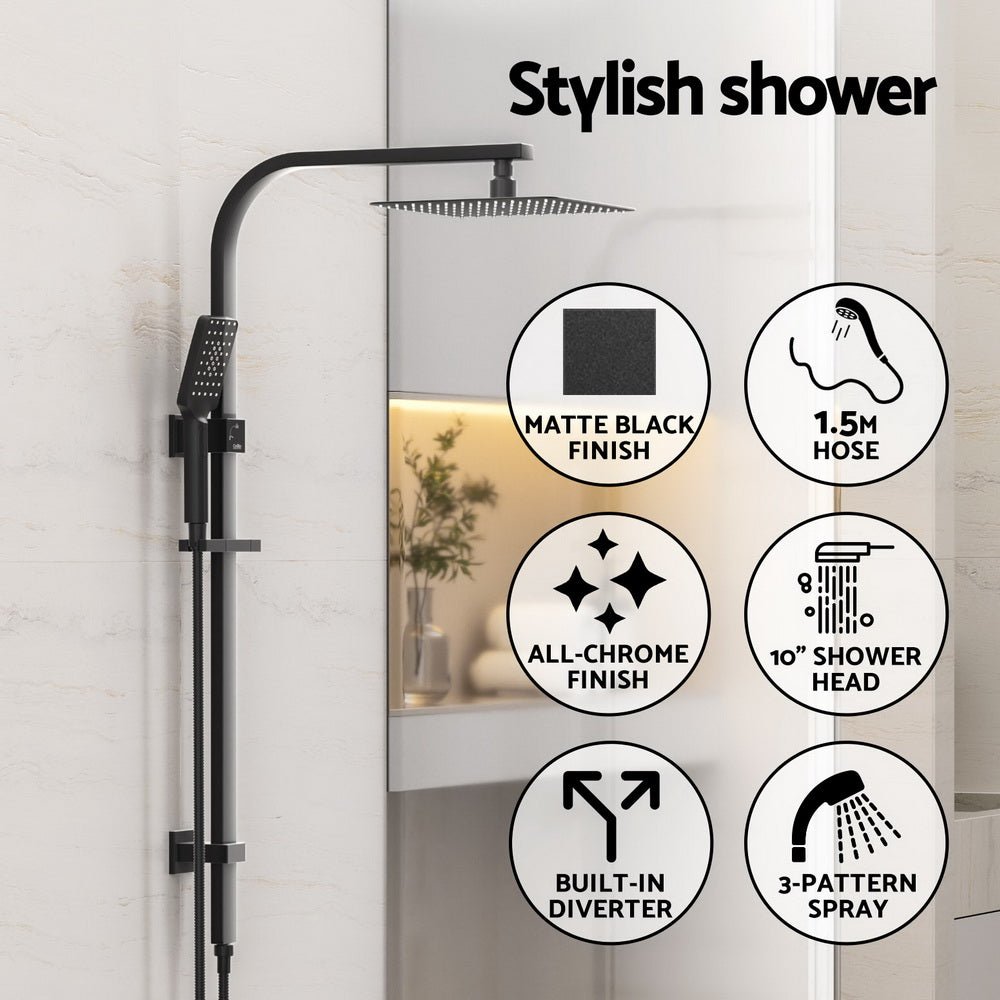 10'' Rain Shower Head Set Handheld Square High Pressure Black - SportZone.co.nz