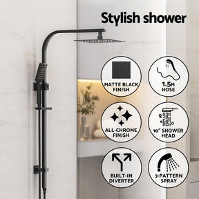 10'' Rain Shower Head Set Handheld Square High Pressure Black - SportZone.co.nz