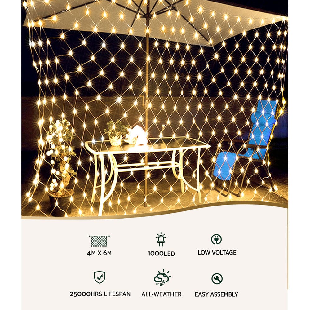 1000 LED Christmas Lights 4mx6m Net String Light Warm White Jingle Jollys - SportZone.co.nz