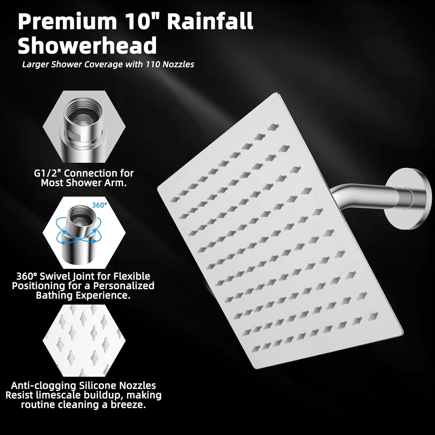 16“ Shower Arm with 10" Rainfall Showerhead - SportZone.co.nz