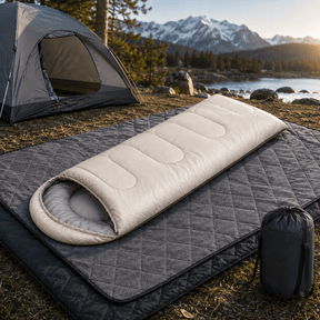 2-in-1 Winter Camping Warmth Kit with Carry Bag: 210 * 75cm Beige Portable Waterproof Warm Sleeping Bag and 200 * 140cm Large Black Double Layer Waterproof Fleece Camping Blanket for Hiking Travel Indoor Outdoor Use - SportZone.co.nz