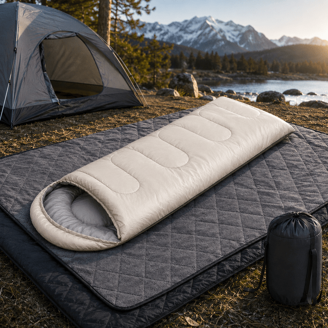 2-in-1 Winter Camping Warmth Kit with Carry Bag: 210 * 75cm Beige Portable Waterproof Warm Sleeping Bag and 200 * 140cm Large Black Double Layer Waterproof Fleece Camping Blanket for Hiking Travel Indoor Outdoor Use - SportZone.co.nz