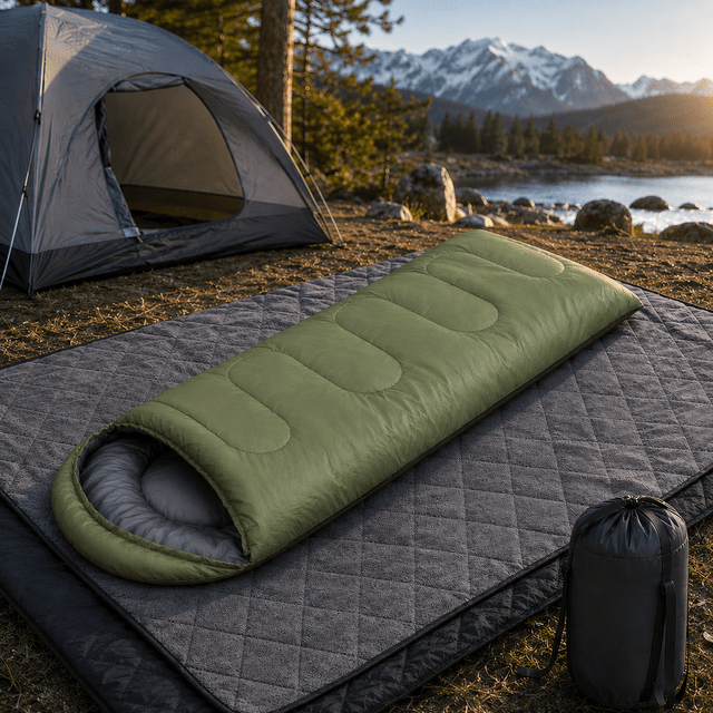 2-in-1 Winter Camping Warmth Kit with Carry Bag: 210 * 75cm Green Portable Waterproof Warm Sleeping Bag and 200 * 140cm Large Black Double Layer Waterproof Fleece Camping Blanket for Hiking Travel Indoor Outdoor Use - SportZone.co.nz