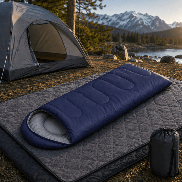 2-in-1 Winter Camping Warmth Kit with Carry Bag: 210 * 75cm Navy Blue Portable Waterproof Warm Sleeping Bag and 200 * 140cm Large Black Double Layer Waterproof Fleece Camping Blanket for Hiking Travel Indoor Outdoor Use - SportZone.co.nz
