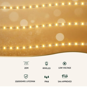 20M Christmas Lights String Rope Light Decorations 600 LED Warm Jingle Jollys - SportZone.co.nz