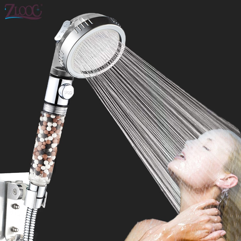 Tourmaline Balls Filter Shower Head: Save water, enjoy 3 adjustable modes, and experience high-pressure SPA-like showers with the on/off button for added convenience.