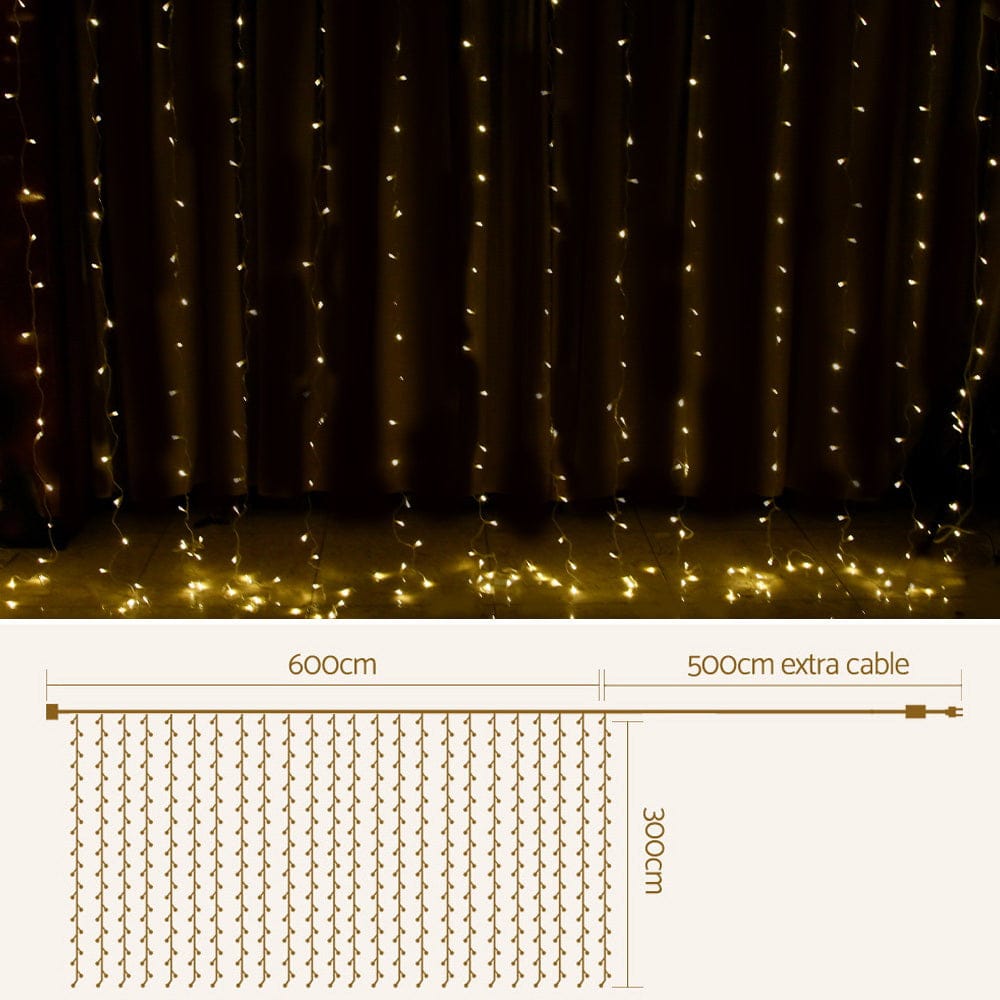 3X6M Christmas Lights Curtain Light Warm White 600 LED Jingle Jollys - SportZone.co.nz