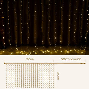 3X6M Christmas Lights Curtain Light Warm White 600 LED Jingle Jollys - SportZone.co.nz