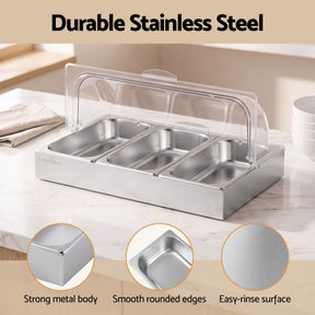 5-Star Chef 3 Pan Food Serving Display Stainless Steel with Clear Roll Top Cover - SportZone.co.nz