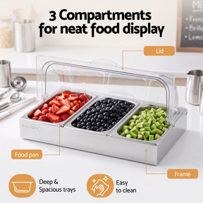 5-Star Chef 3 Pan Food Serving Display Stainless Steel with Clear Roll Top Cover - SportZone.co.nz
