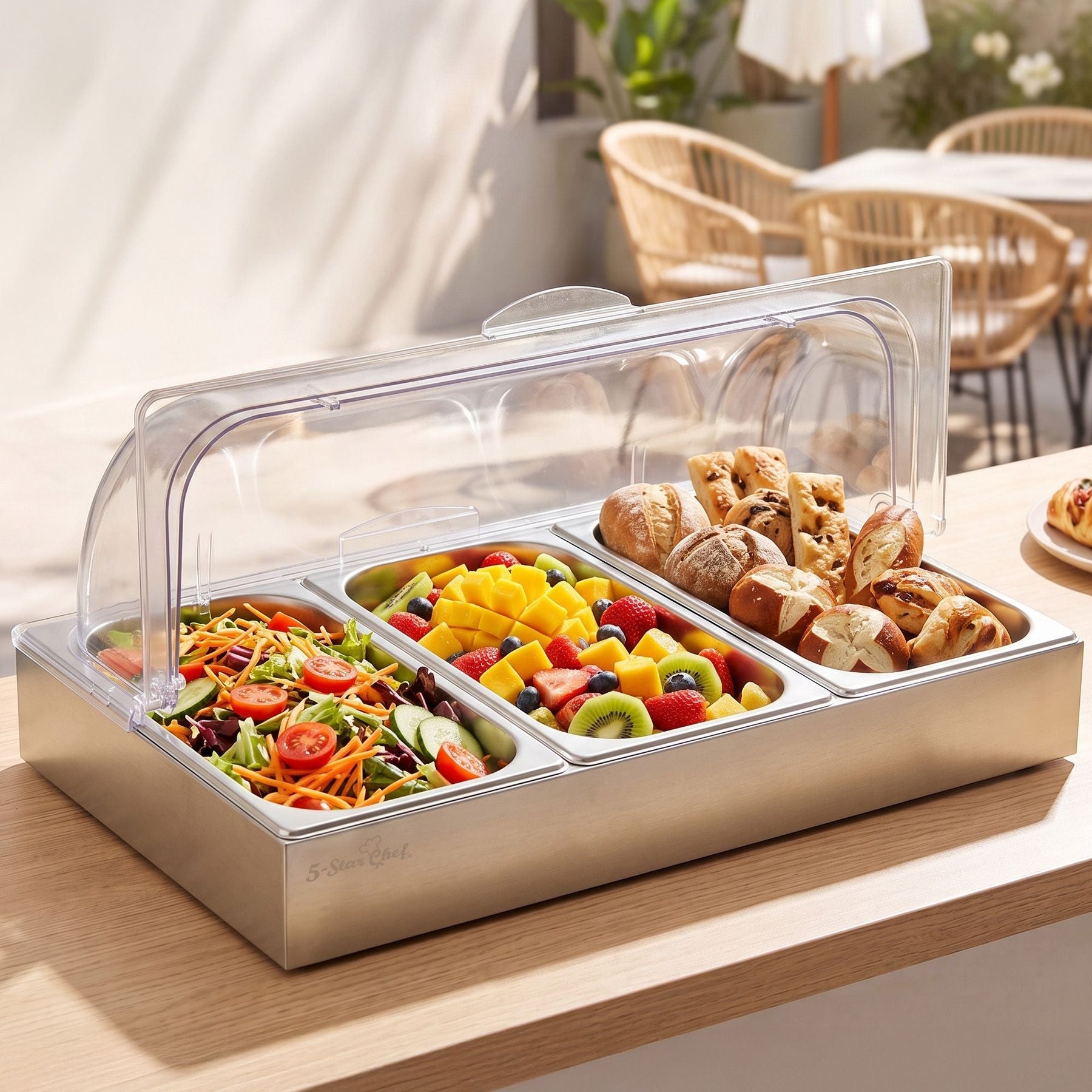5-Star Chef 3 Pan Food Serving Display Stainless Steel with Clear Roll Top Cover - SportZone.co.nz