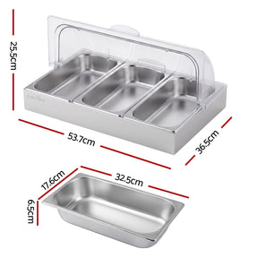 5-Star Chef 3 Pan Food Serving Display Stainless Steel with Clear Roll Top Cover - SportZone.co.nz