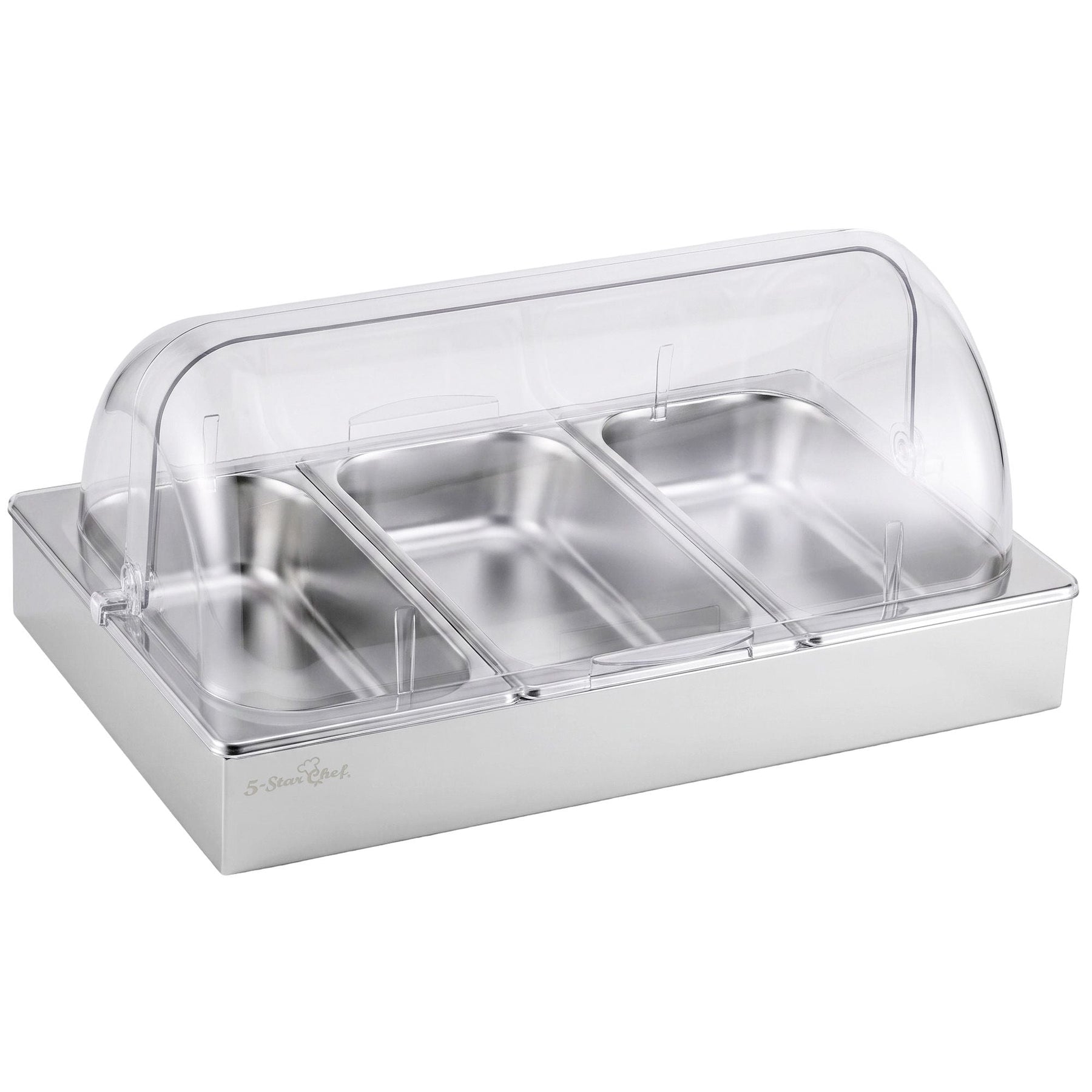 5-Star Chef 3 Pan Food Serving Display Stainless Steel with Clear Roll Top Cover - SportZone.co.nz