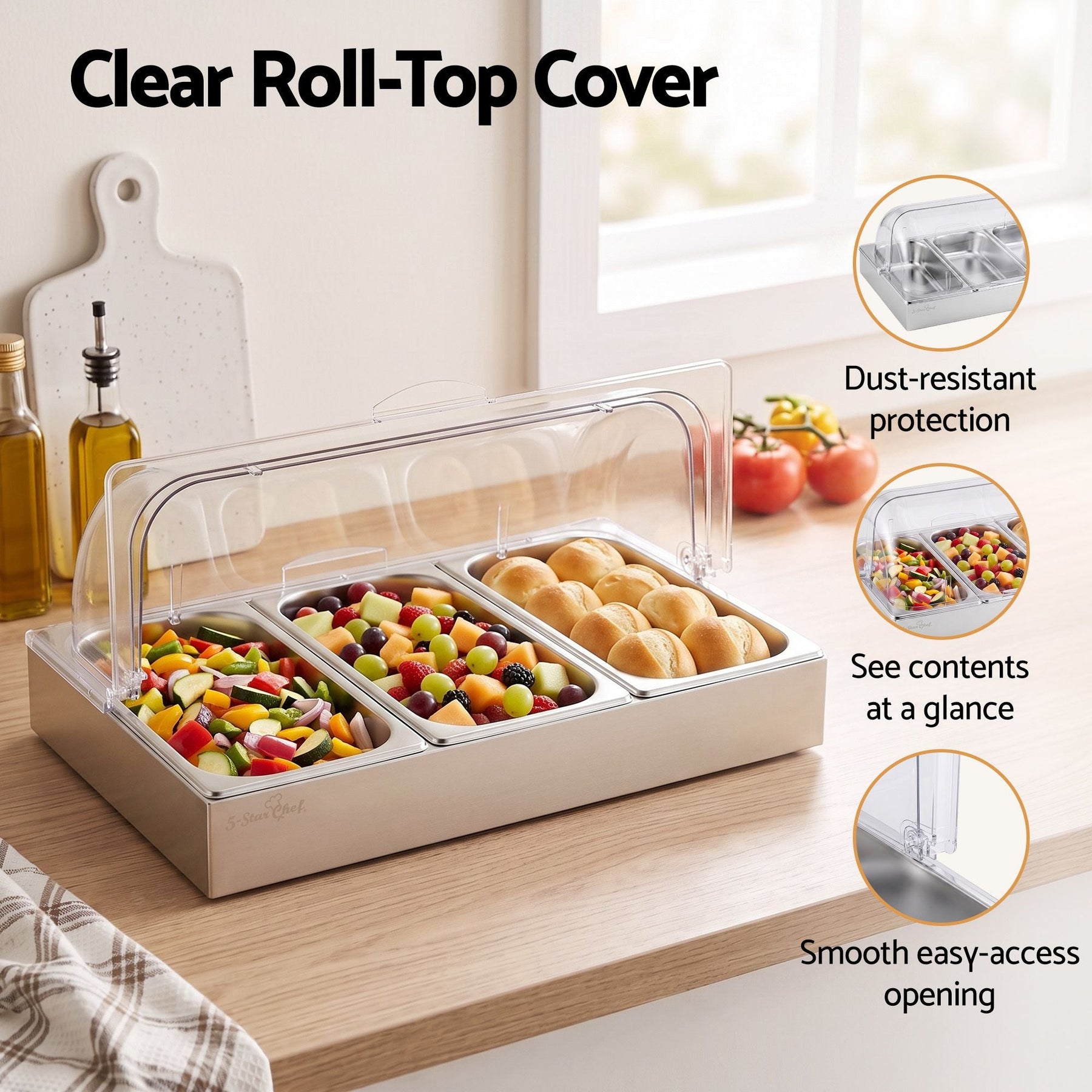 5-Star Chef 3 Pan Food Serving Display Stainless Steel with Clear Roll Top Cover - SportZone.co.nz