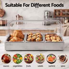 5-Star Chef 3 Pan Food Serving Display Stainless Steel with Clear Roll Top Cover - SportZone.co.nz