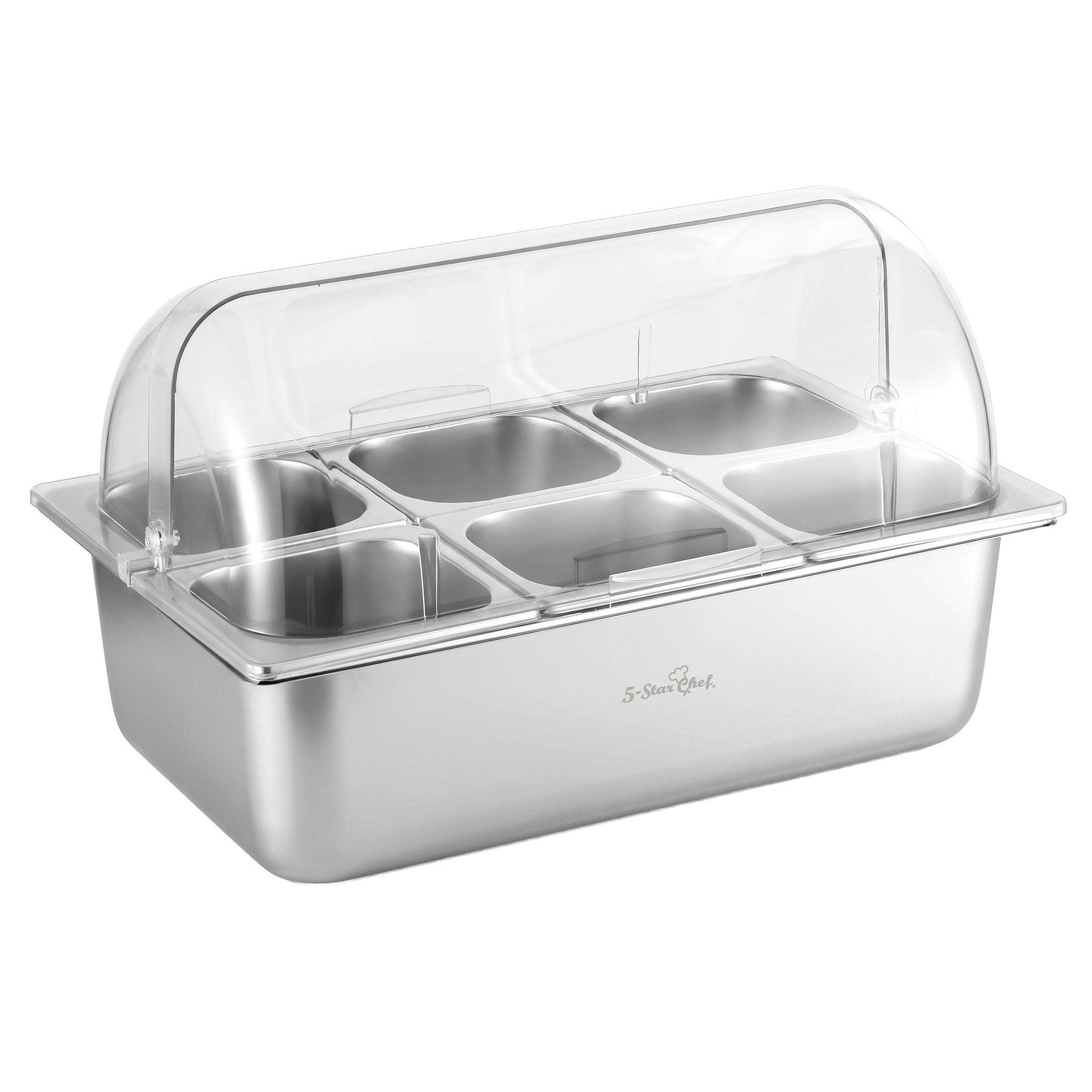 5-Star Chef 6 Pan Food Serving Display Stainless Steel Cooler Platter with Clear Roll Top Cover - SportZone.co.nz