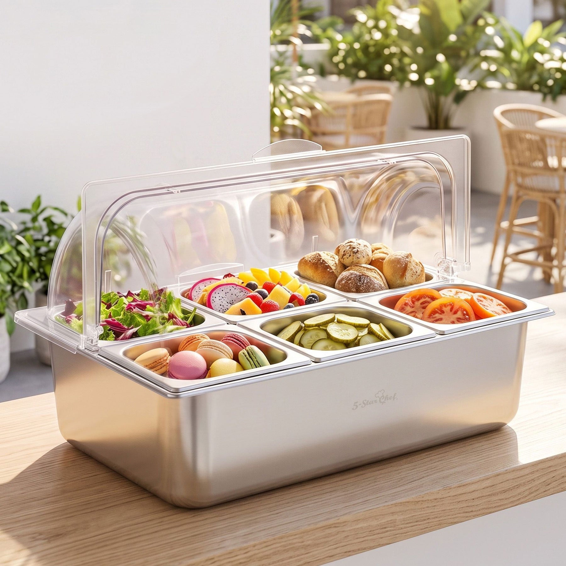 5-Star Chef 6 Pan Food Serving Display Stainless Steel Cooler Platter with Clear Roll Top Cover - SportZone.co.nz