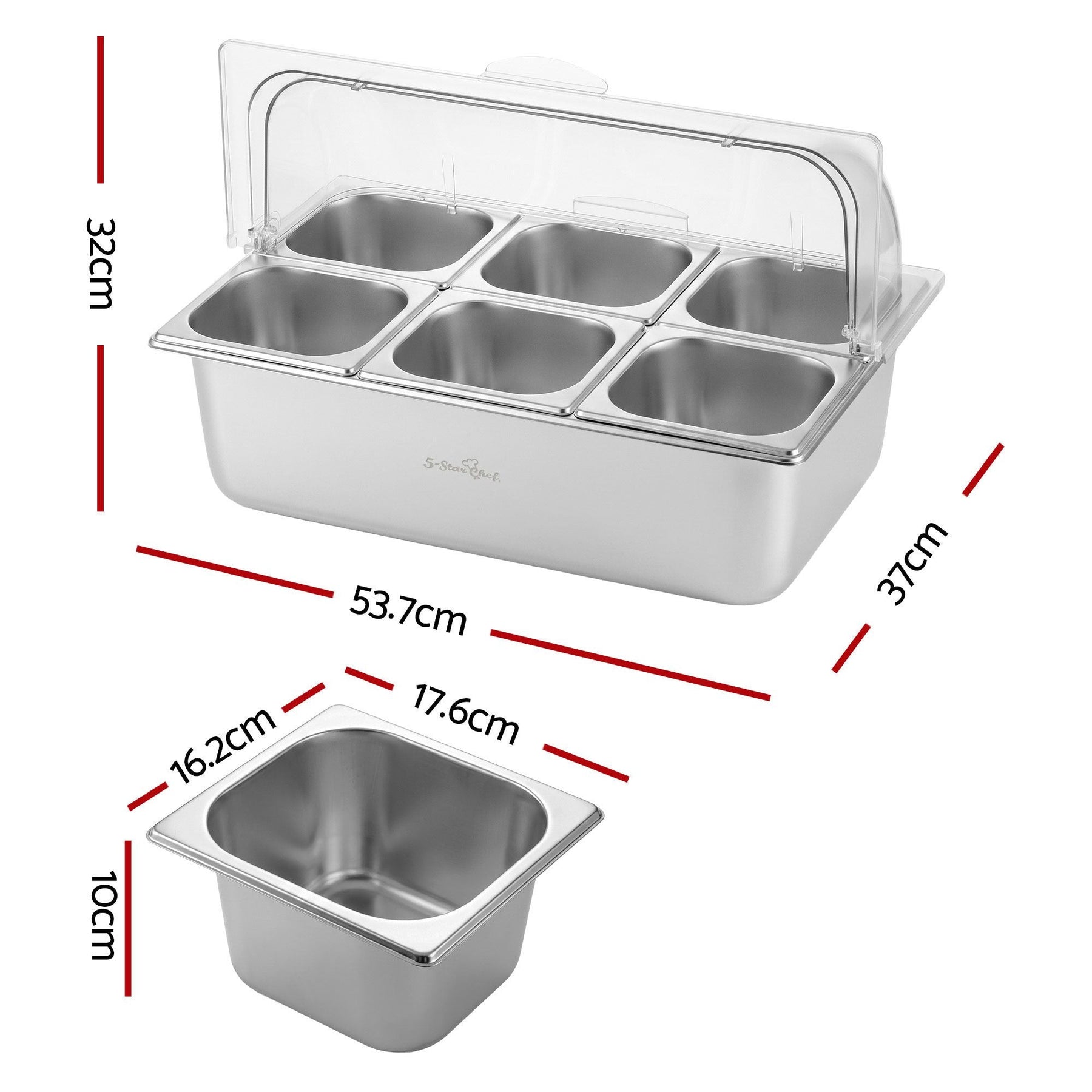 5-Star Chef 6 Pan Food Serving Display Stainless Steel Cooler Platter with Clear Roll Top Cover - SportZone.co.nz