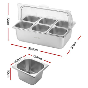 5-Star Chef 6 Pan Food Serving Display Stainless Steel Cooler Platter with Clear Roll Top Cover - SportZone.co.nz