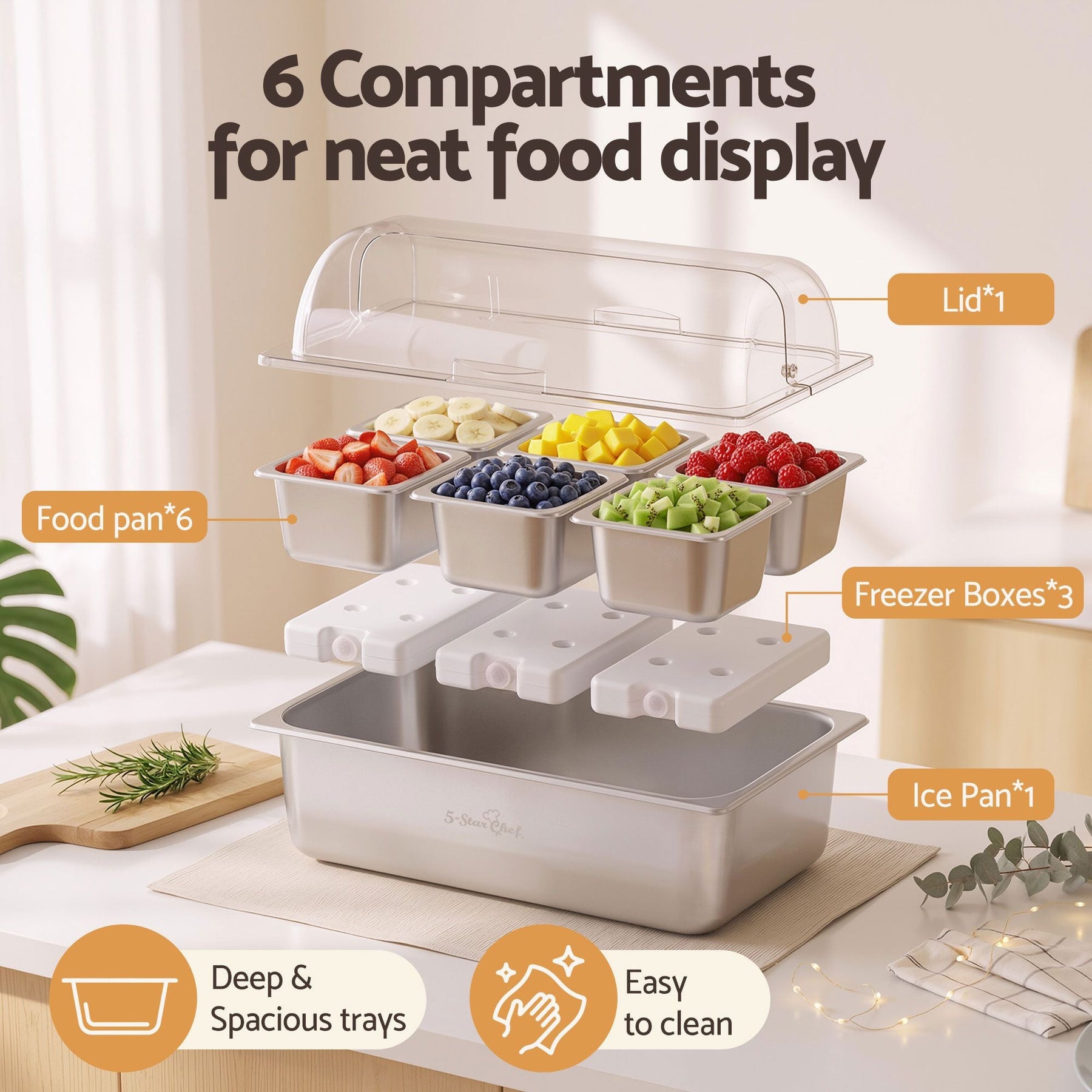 5-Star Chef 6 Pan Food Serving Display Stainless Steel Cooler Platter with Clear Roll Top Cover - SportZone.co.nz