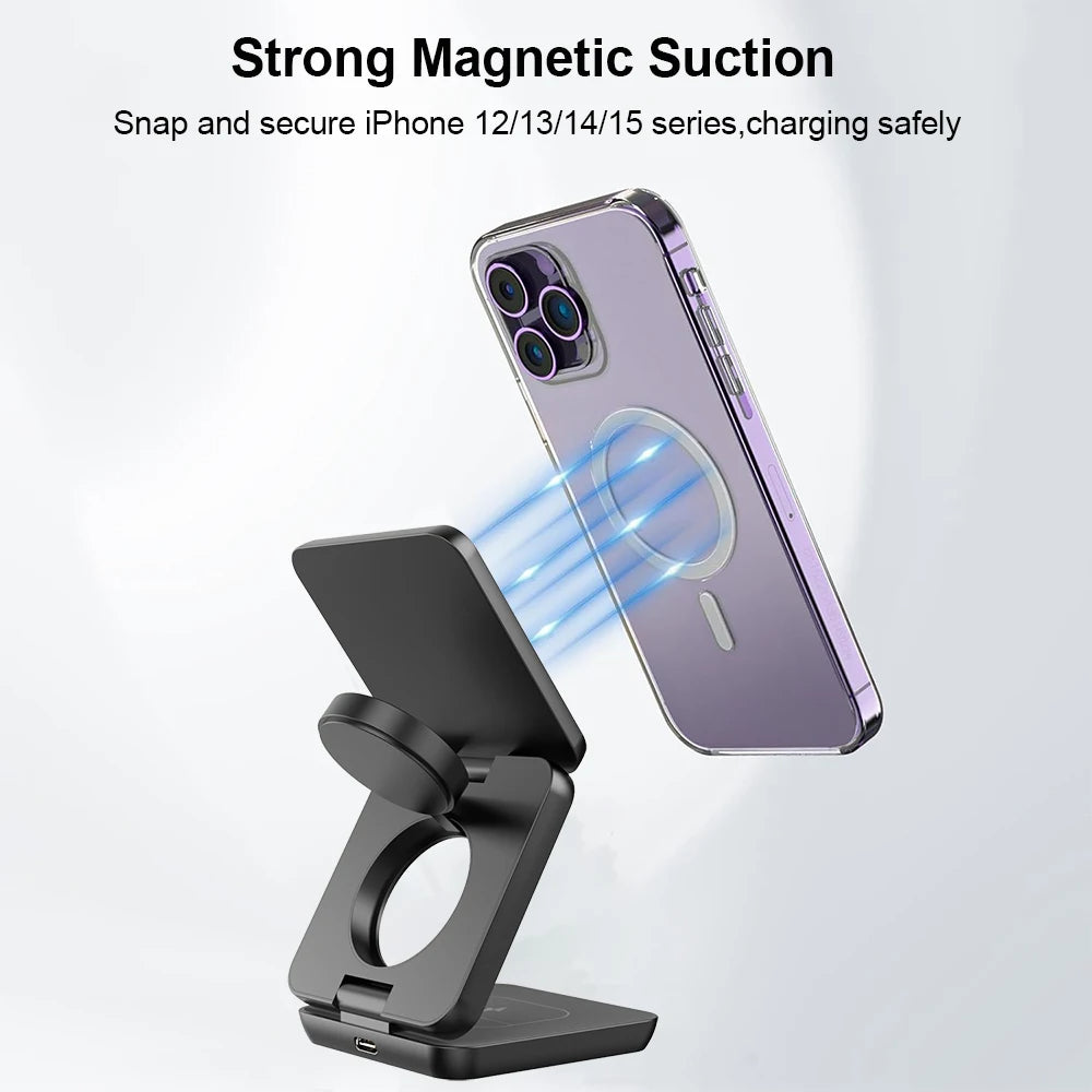 3-in-1 Foldable Magnetic Wireless Charging Station for iPhone 12-15 Pro Max & Apple Watch 8/9