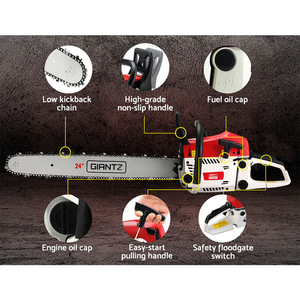 Giantz Chainsaw Petrol 72CC 24" Bar Commercial E-Start Pruning Chain Saw