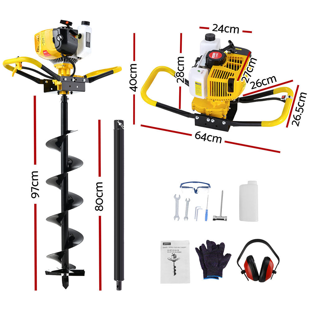 Giantz 74CC Post Hole Digger 200mm Petrol Drill Auger Extension Bits