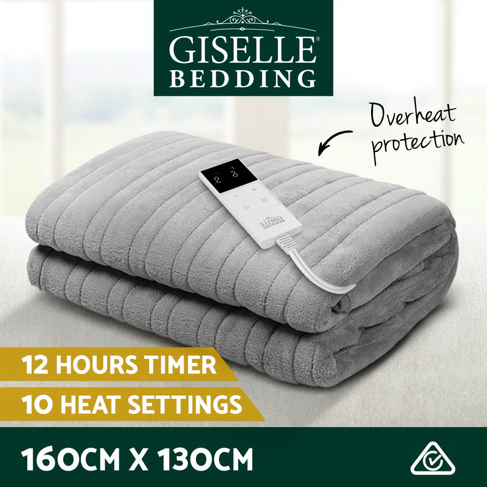 Giselle Bedding Heated Electric Throw Rug Fleece Sunggle Blanket Washable Silver