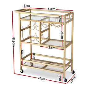 Artiss Bar Cart Drinks Trolley Serving Wine Rack Glass Holder 3 Hooks 72cm Gold