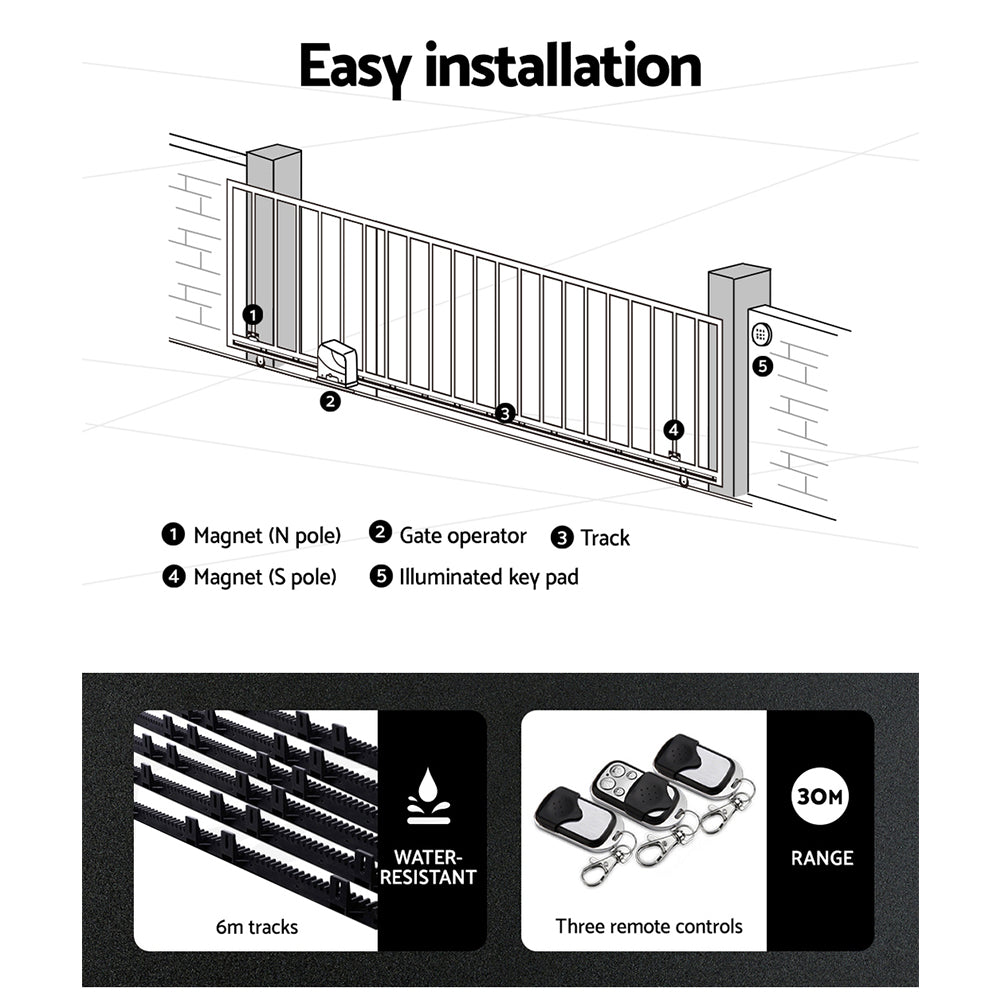 Lockmaster Automatic Sliding Gate Opener Kit Electric 6M 600KG 3 Control Remotes