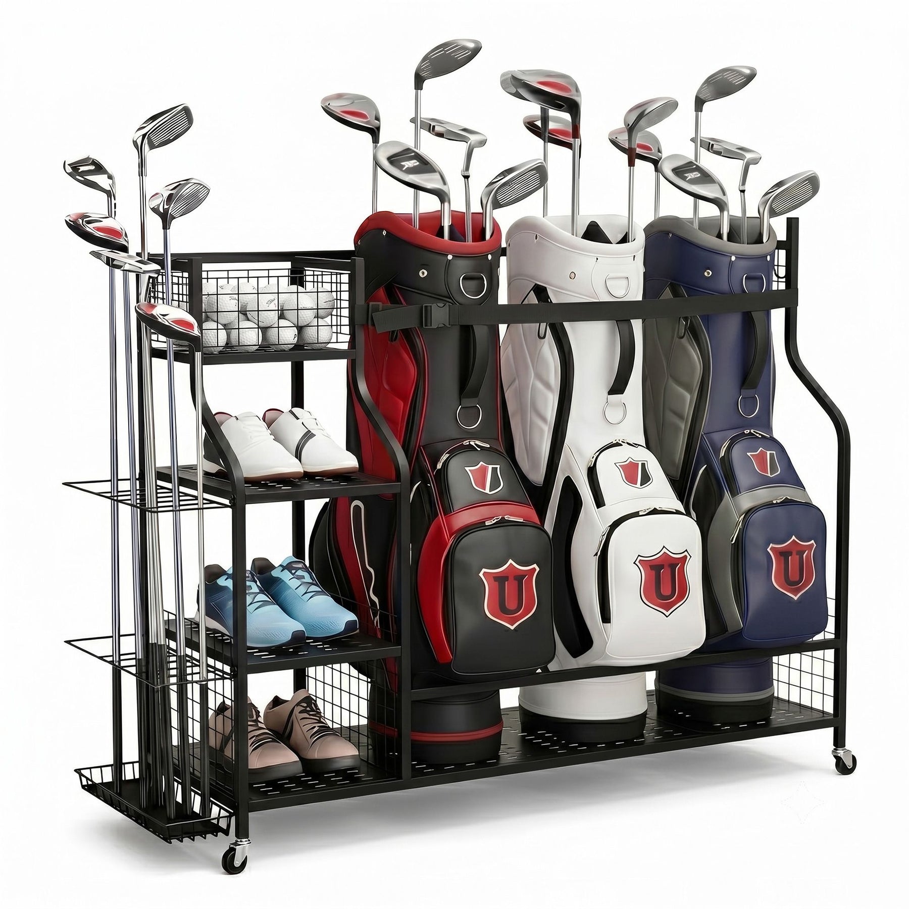 Everfit Golf 3 Bag Storage Golf Storage Garage Organiser with Wheels Black