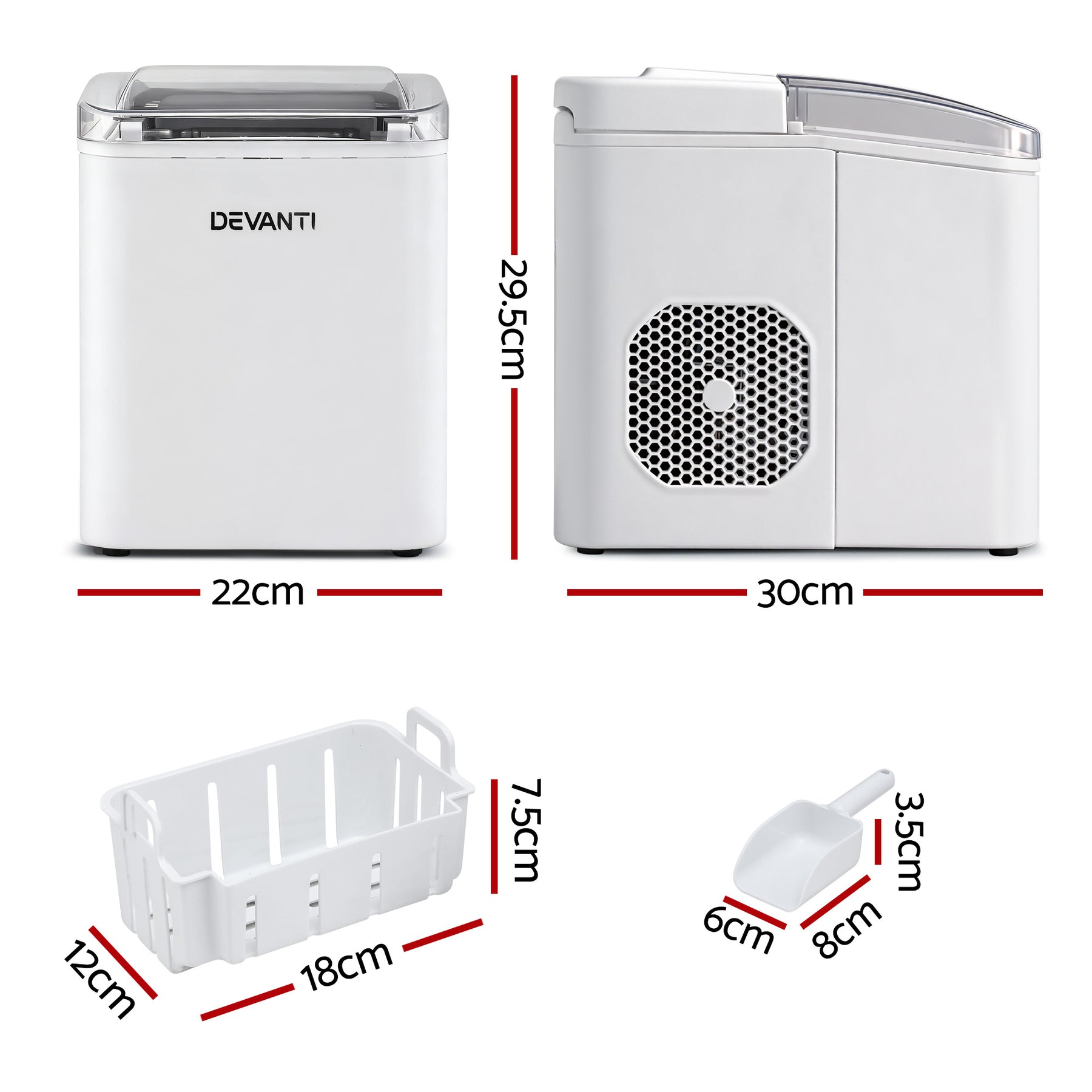 Devanti Ice Maker Machine Portable 12kg Countertop w/Self Cleaning 1.2L White