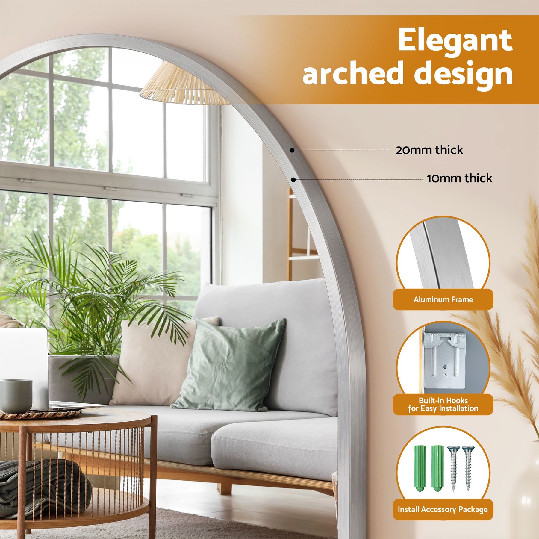 Embellir 61x41cm Silver Arch Wall Mirror