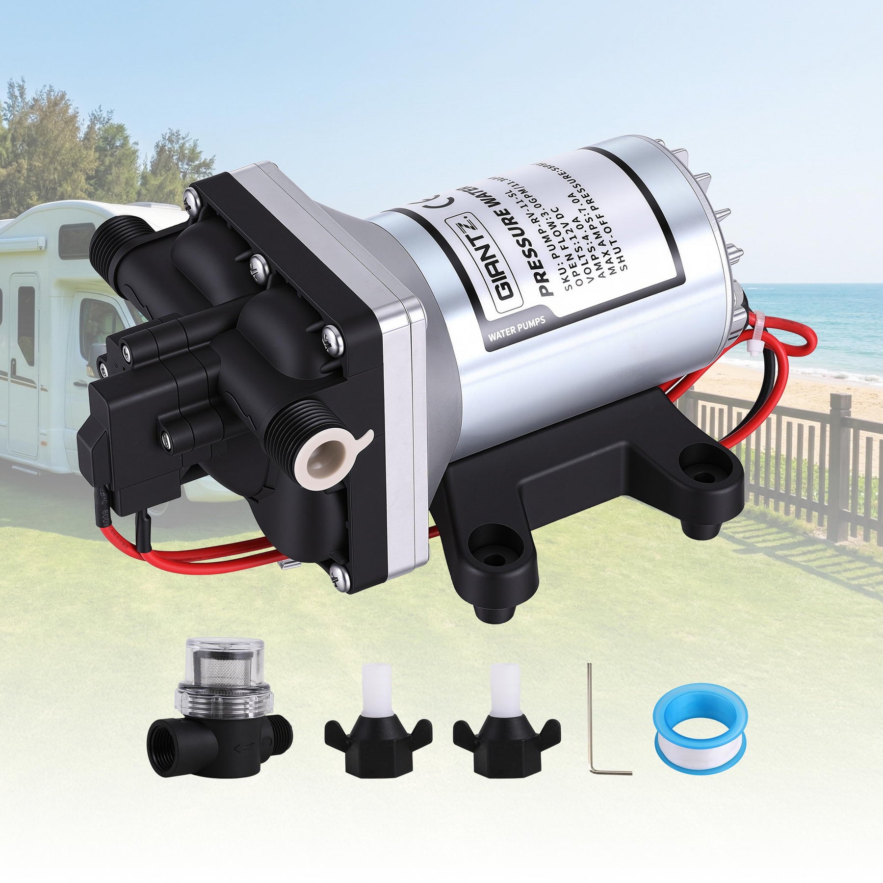 Giantz 12V DC Water Pump, 11.3LPM 55PSI 3 GPM Self-Priming RV Water Pressure Pump with Automatic Pressure Switch, for RV Marine Camping Yacht Garden Fresh Water Diaphragm, 2088-554-144 Replacement