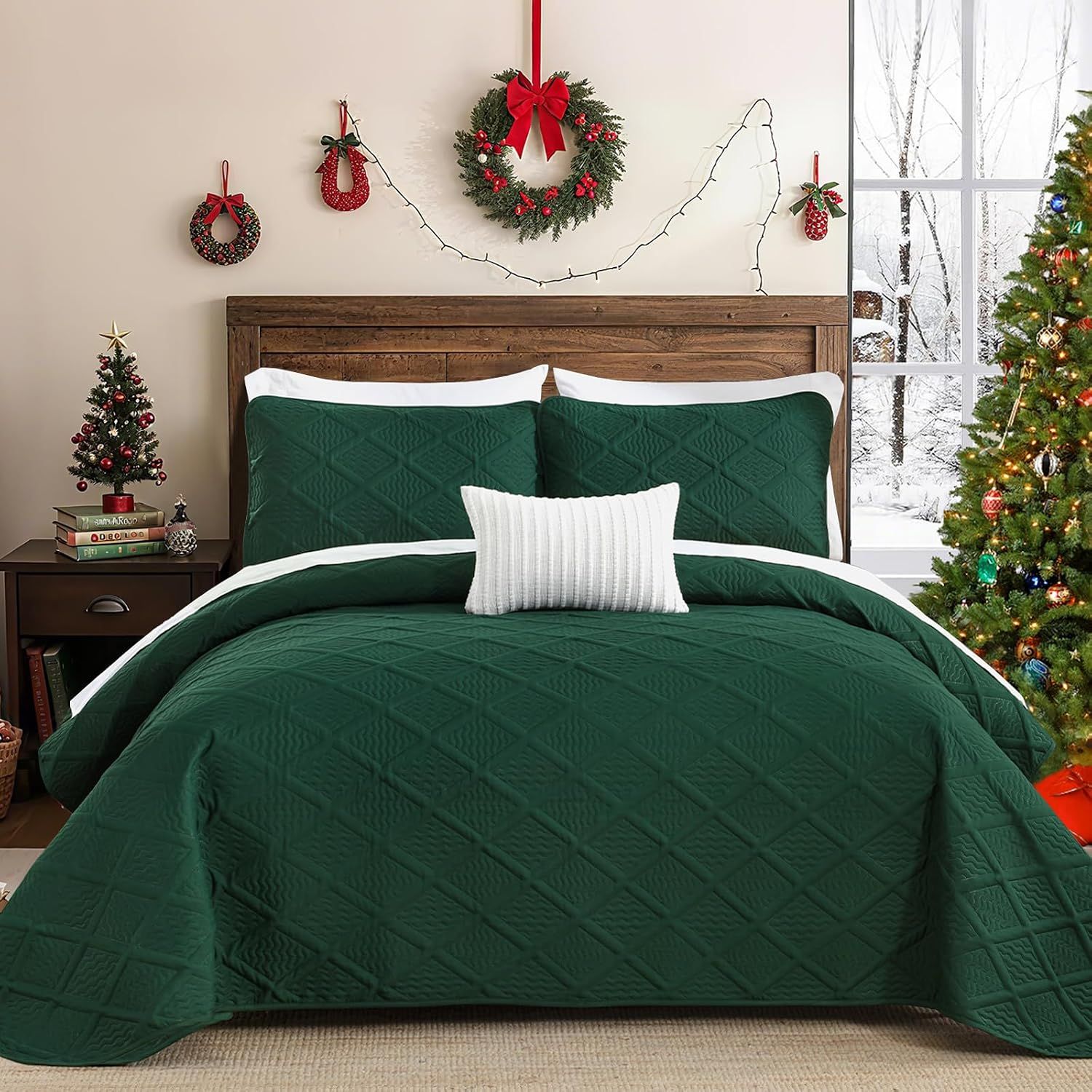 Green Wave Bloom Christmas Bedspread Queen 3 Piece Set